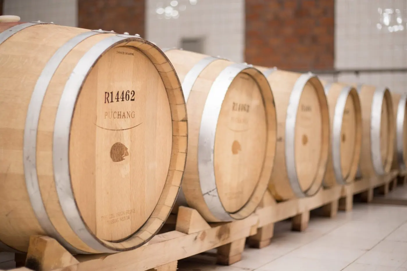 French oak barrels stamped Puchang in the winery cellar