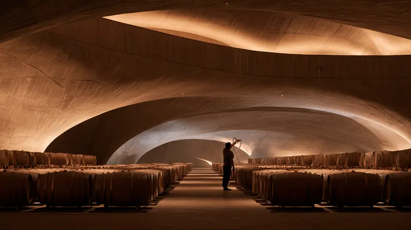 A modern vaulted wine cellar with oak barrels and a winemaker examining wine