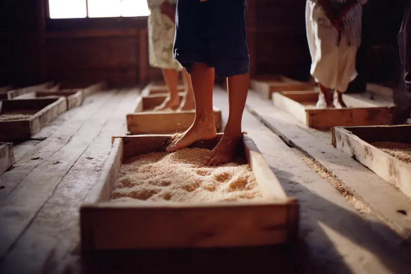 Bare feet treading blocks of wheat qu in wooden moulds in Maotai