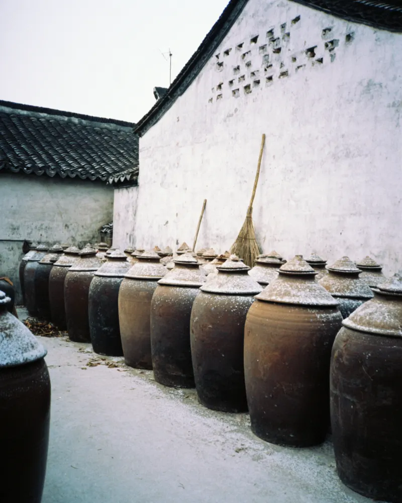 Rows of mud-sealed clay jars of rice wine in a courtyard in Shaoxing