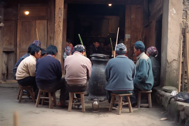 Qiang villagers seated in a circle around a wine jar, sipping zajiu through bamboo tubes