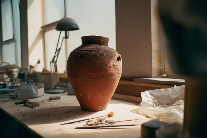 A Neolithic pottery jar on a work table in an archaeology lab