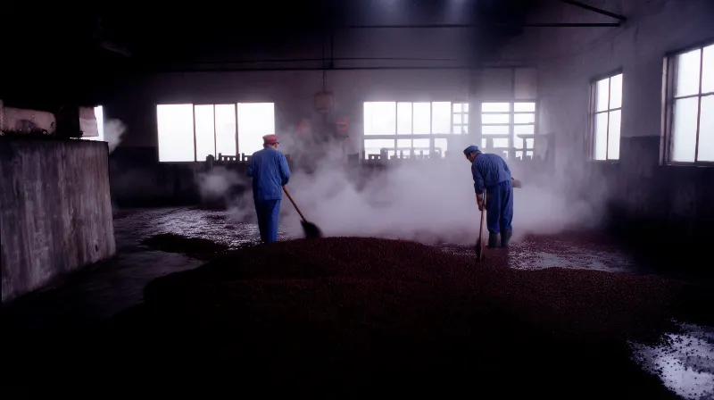 Workers turning steamed red sorghum on the floor of a baijiu distillery in Maotai, Guizhou