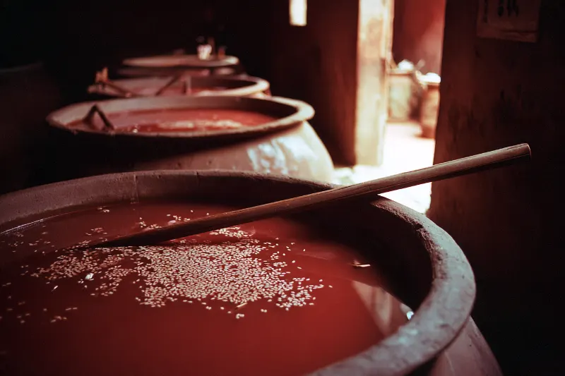 Red rice wine with floating lees in a clay vat in a Fujian workshop