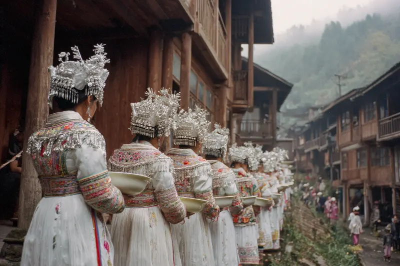 Miao women pouring rice wine down a line in a Guizhou village
