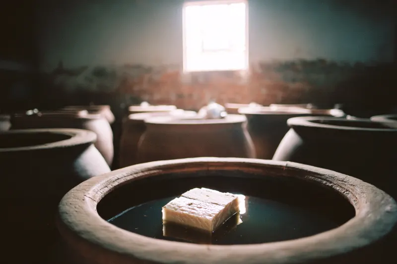 A clay jar of clear rice spirit with a block of pork fat submerged inside, in a Foshan distillery