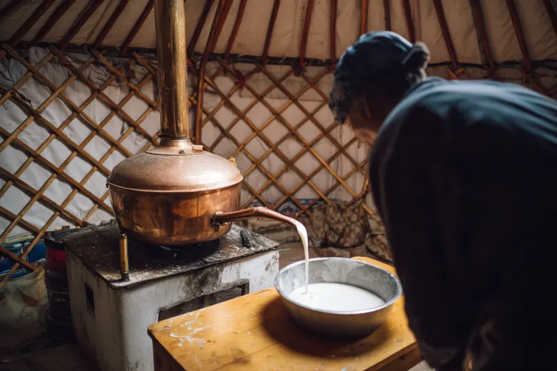 A herder distilling milk spirit from whey inside a ger in Inner Mongolia