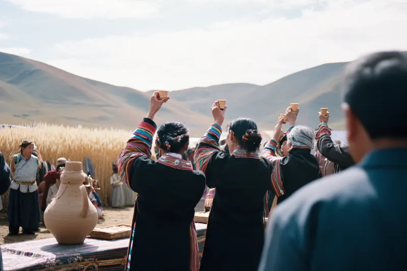 Guests raising cups of barley spirit at a Tu wedding in Huzhu, Qingha