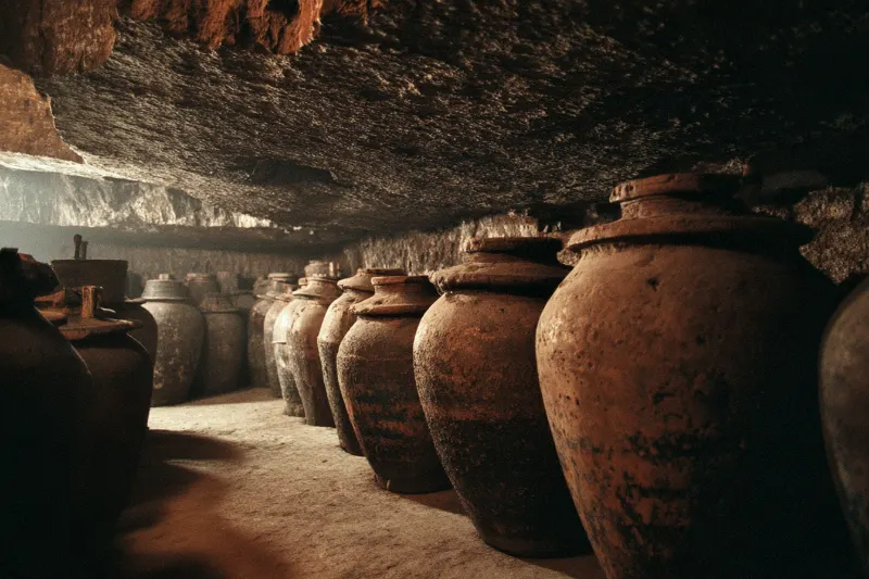 Clay jars of baijiu ageing inside a natural cave above the Chishui River